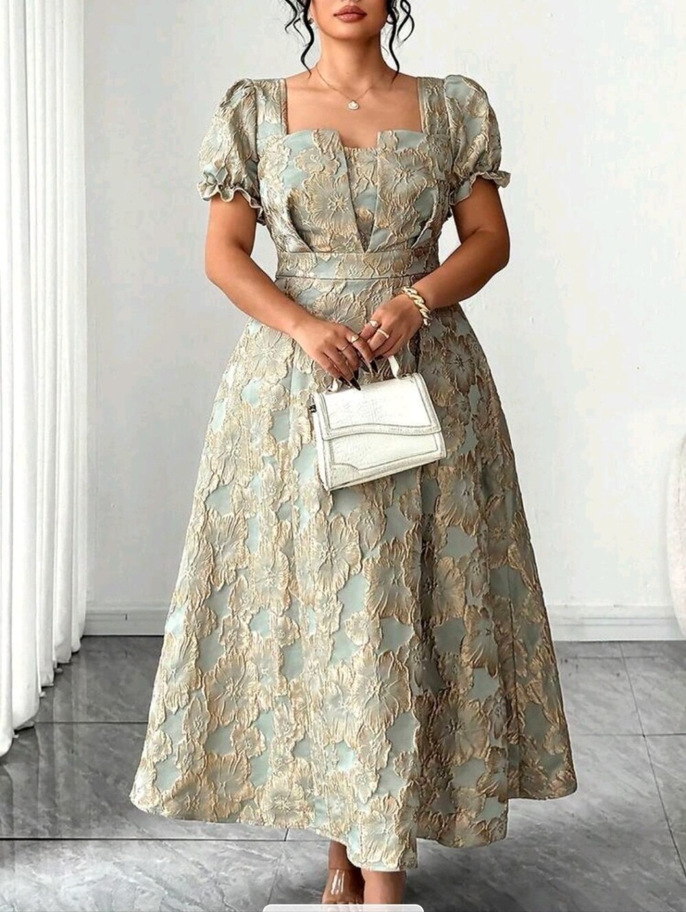 Elegant Puff-Sleeve Midi Dress in Sage and Gold